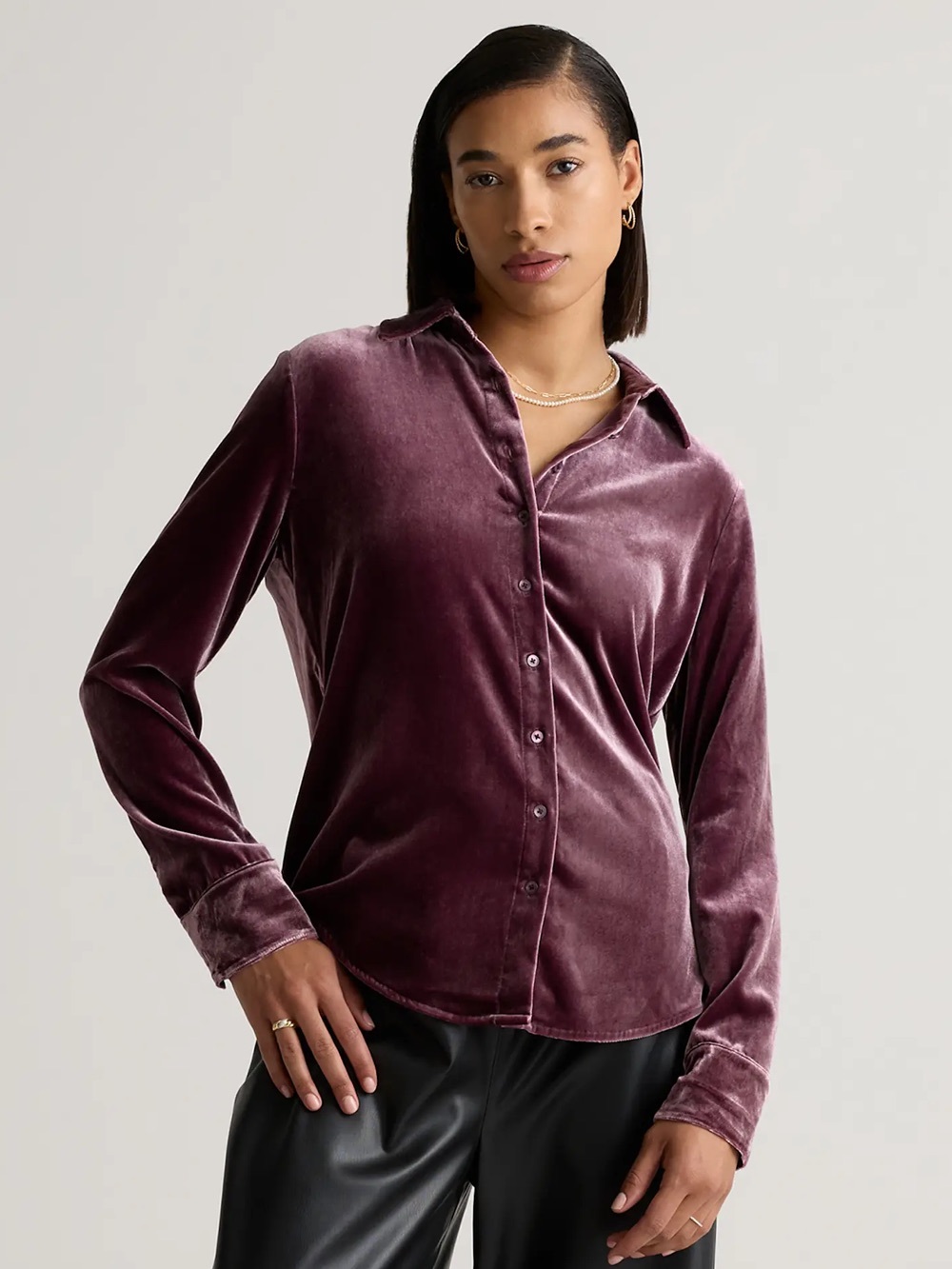 Quince Plum Velvet Silk-Blend Button Front Blouse XS